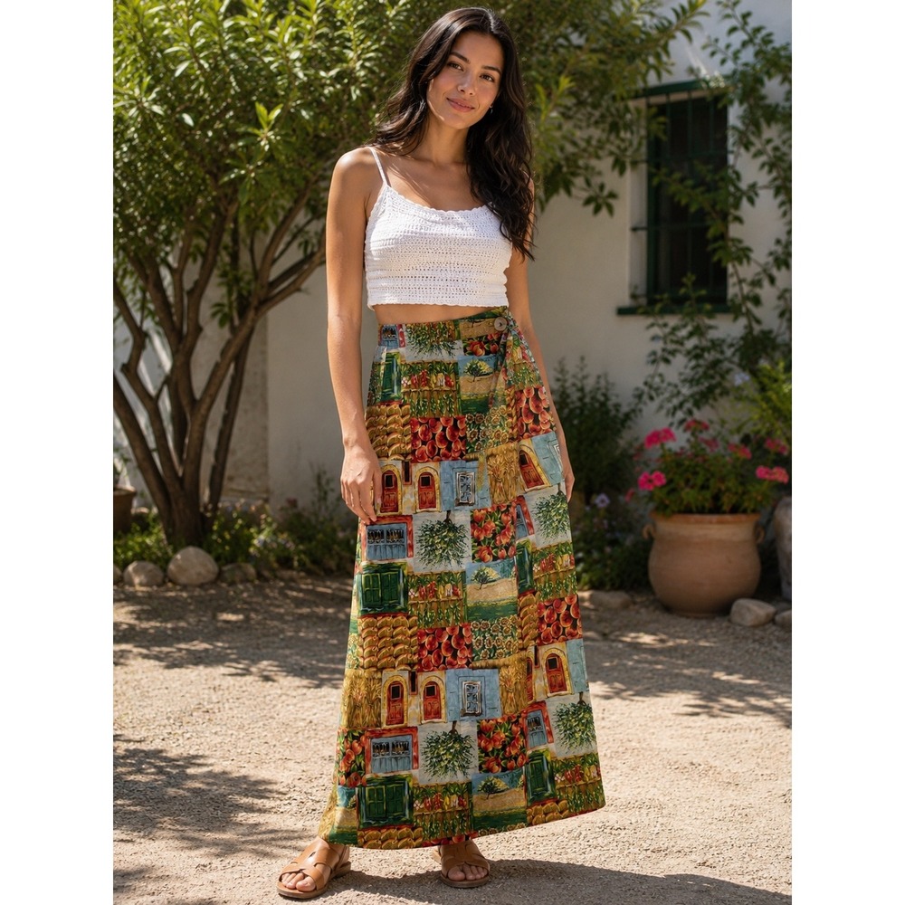 J. Suzette Wrap Skirt Womens Medium Multicolor Vintage Novelty Print Maxi Skirt
